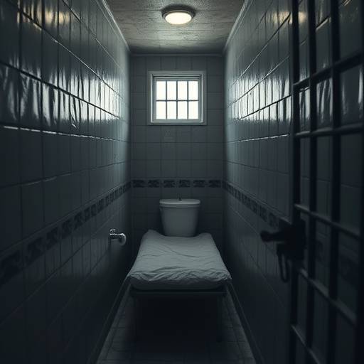 Interior de una celda de prisi贸n cl谩sica, mostrando una cama estrecha, un inodoro y una ventana peque帽a.