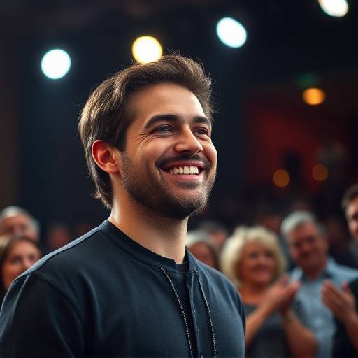 Acteur souriant recevant des applaudissements après une performance réussie.