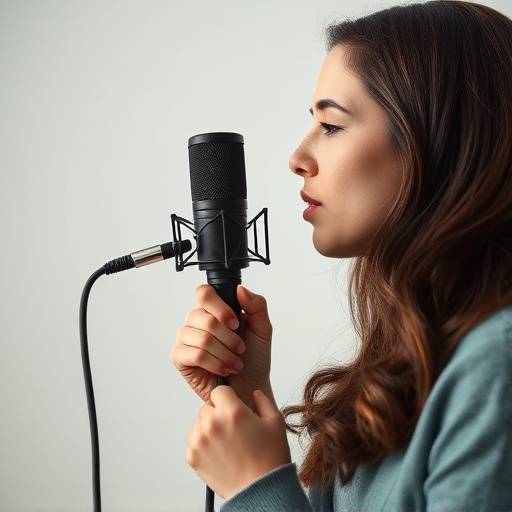 Actrice utilisant un microphone professionnel, travaillant sur sa projection vocale.