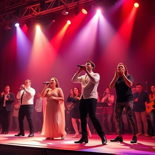 Artistes de théâtre musical chantant et dansant sur scène.