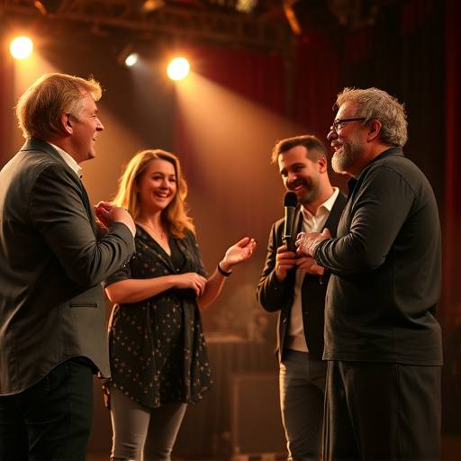 Groupe d'acteurs improvisant sur scène, riant et interagissant.