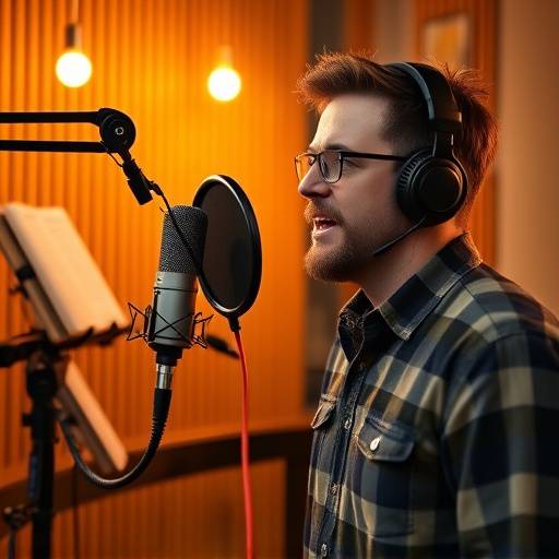Image d'un acteur de voix-off enregistrant un livre audio dans un studio professionnel
