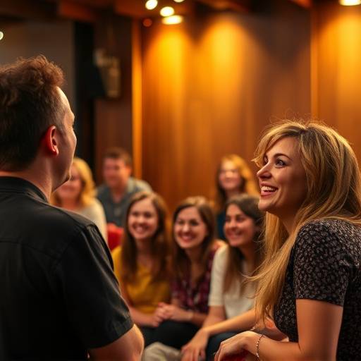 Image d'un atelier de comédie d'improvisation avec une foule hilare