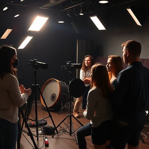 Image d'une session de doublage avancé avec plusieurs acteurs travaillant ensemble dans un studio d'enregistrement