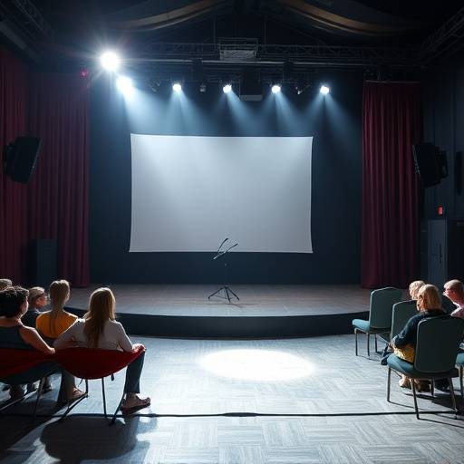 Image du cours de jeu d'acteur pour débutants avec une scène de théâtre lumineuse