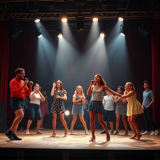 Image du cours de théâtre musical pour débutants avec une scène de chant et de danse en groupe