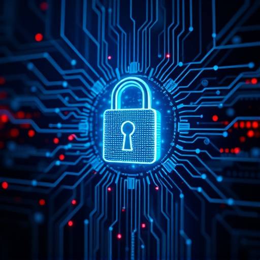 Imagen abstracta representando la protecci贸n de datos con un candado digital y flujos de informaci贸n.