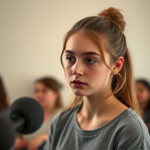 Jeune actrice se préparant pour une audition, concentrée et confiante.