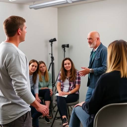 Photo d'un cours de jeu d'acteur, avec le professeur donnant des instructions aux étudiants.
