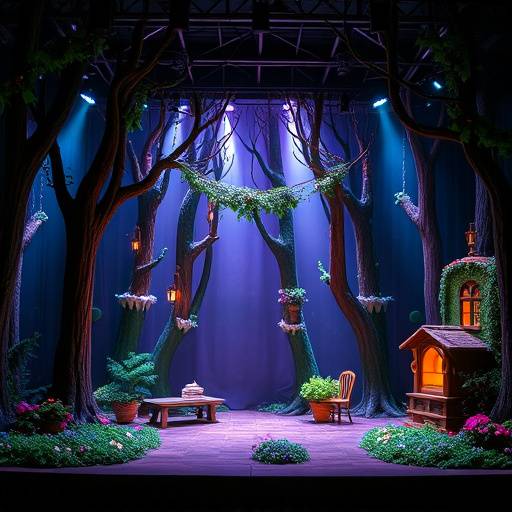 Photo d'un décor de théâtre créé par les étudiants, représentant une forêt enchantée.