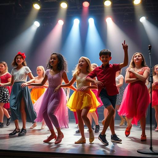 Photo d'une chorégraphie de théâtre musical, avec des étudiants en costumes de scène colorés.