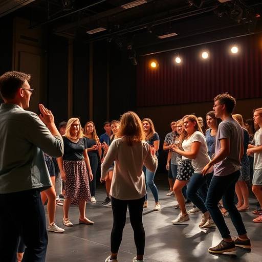 Photo d'une répétition de théâtre musical, avec des étudiants en train de chanter et de danser.
