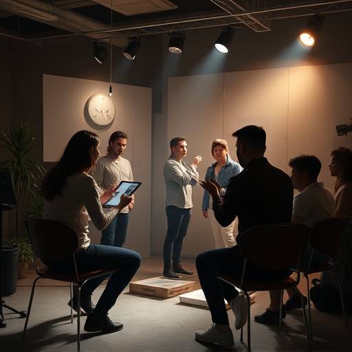 Photo d'une scène d'improvisation où les étudiants doivent interagir avec des objets imaginaires.
