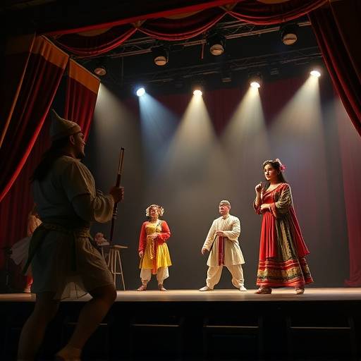 Photo d'une scène de la pièce 'Les Fourberies de Scapin' jouée avec des costumes traditionnels.