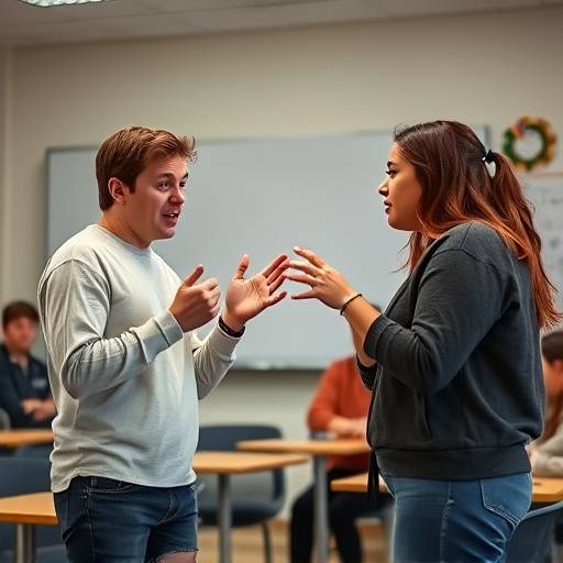 Photo d'une session d'improvisation en classe, avec deux étudiants en train de jouer une scène comique.