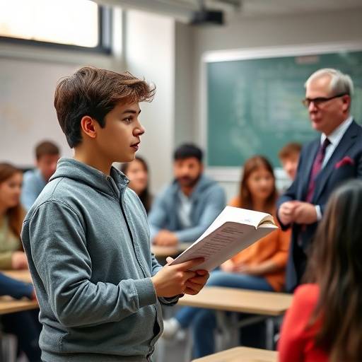 Photo d'une étudiante en train de réciter un monologue devant le professeur et ses camarades de classe.
