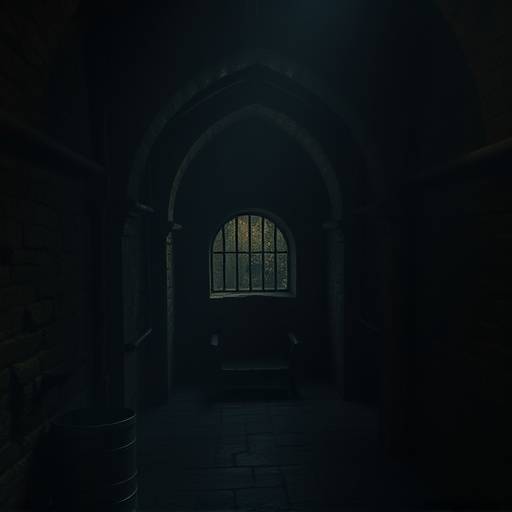 Una representaci贸n art铆stica de un calabozo medieval oscuro y h眉medo, con barrotes oxidados y una tenue luz filtr谩ndose.